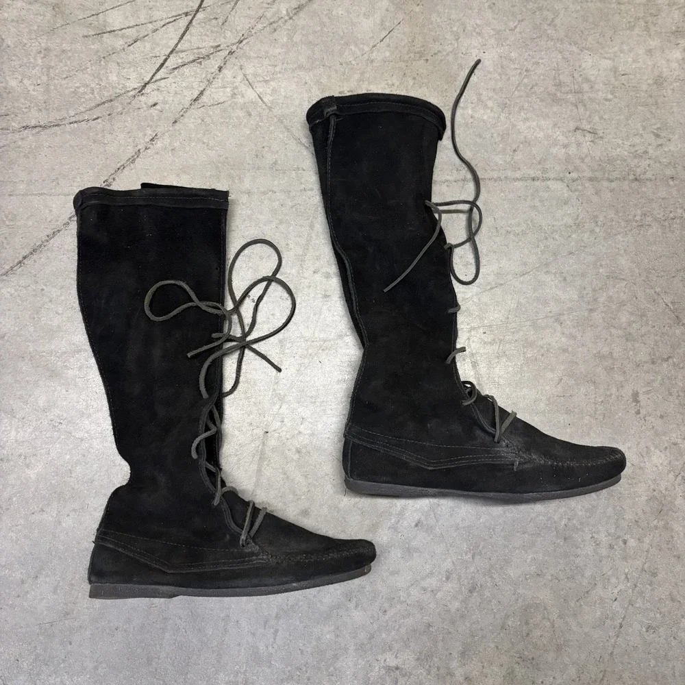 Minnetonka Front Lace Knee High Boots Men's 10 Black 1929 Renfaire Festival